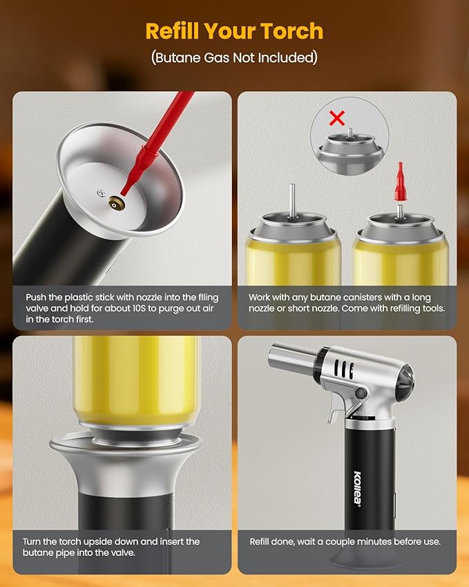Kollea Butane Torch Lighter, Mini Kitchen Cooking Torch Lighter with Fuel Gauge & Continuous Flame Lock & Nozzle, Culinary Blow Creme Brulee Torch for Baking Food Desserts (Butane Gas Not Included)