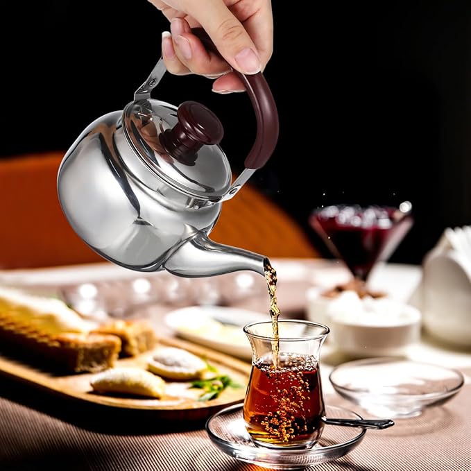 LIFKOME Traditional Stainless Steel Heavy Duty Tea Kettle With Sandwich Bottom and Specialty Cool Touch Handling Mirror Finish Stainless Steel Whistling Tea Kettle Stove Top