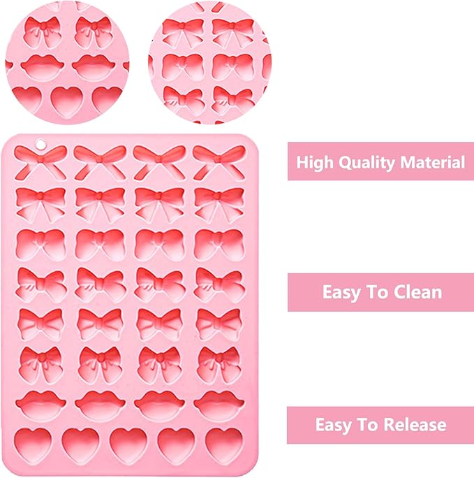 2PCS Silicone Molds Candy Bow Chocolate Silicone Mold Lip Chocolate Mold Heart Chocolate Molds, 33 Cavity Heart Shaped Mold for DIY Resin Product, Baking, Candy, Candles Pink