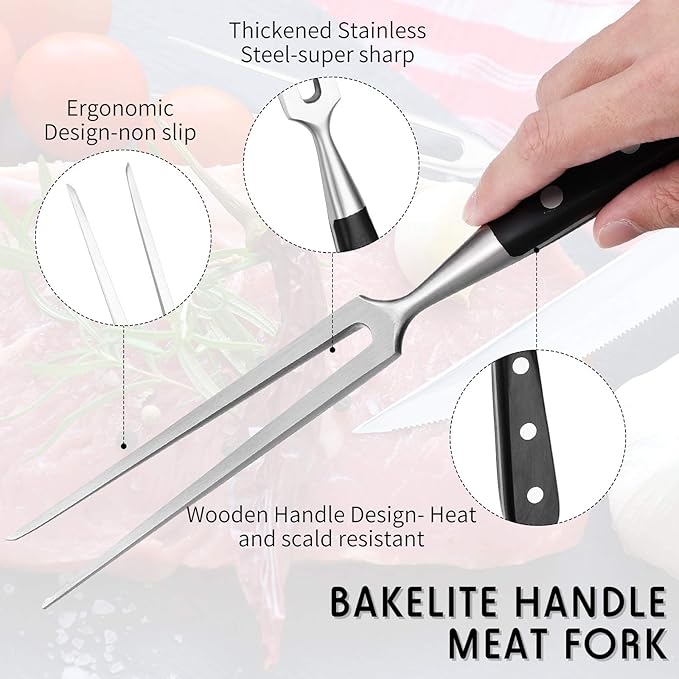 CHENGU 2 Pieces Carving Fork for Meat 12 Inch Kitchen Stainless Steel Serving Cooking with Wood Handle Classic Grill with ABS Handle Xmas Black Barbecue BBQ Fork Carving Set