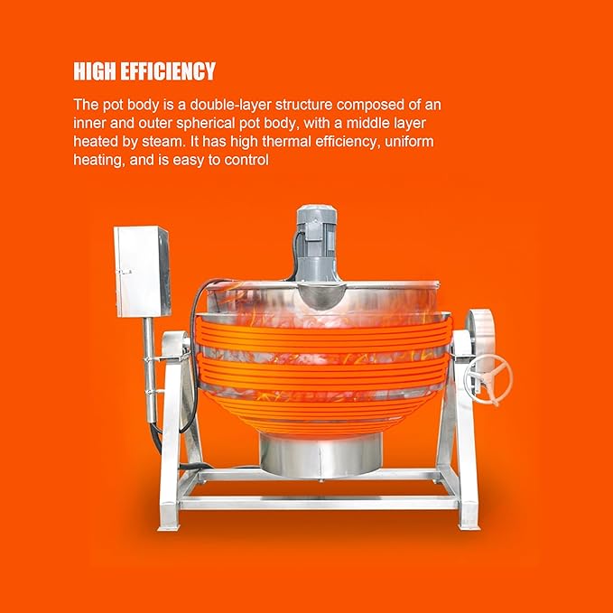 26.5Gallon/100L Jacketed Kettle Large Electronic Tilting Sugar Jam Gas Boiling Machine Commercial Electric Jacketed Pot with Stirring and Edge Scraping 220V 60HZ Three-phase 1100W