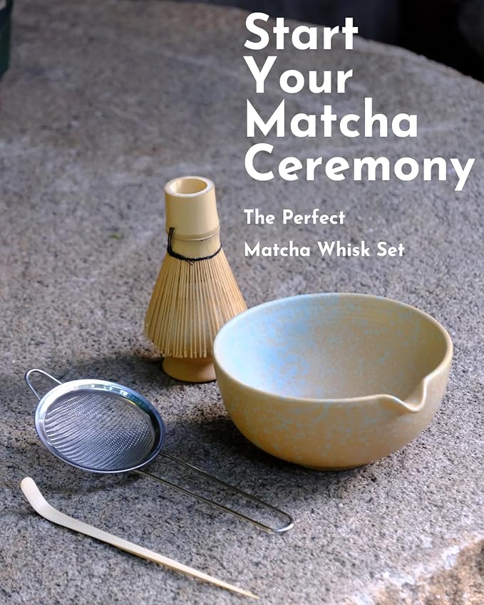 Matcha Whisk Set,Matcha Set,Matcha Kit,Matcha Bowl with Spout,Scoop,Sifter,Bamboo Whisk,Chasen Holder,Unique Gifts for Women Grifend,Gifts for Christmas, Birthday,Halloween(Yellow)