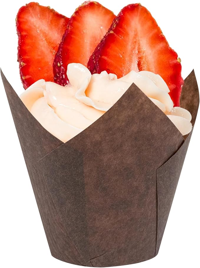 Tulip Cupcake & Muffin Liners – 50gsm Mini Floral Baking Cups – 250 Pcs Natural & Non Toxic Paper Wrappers for Wedding, Bakery, & Party Supplies, Brown, by BHI Packaging