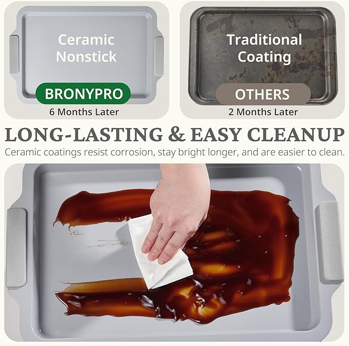 BRONYPRO Non Stick Ceramic Baking Sheet Pan Set of 3, Natural Non Toxic Cookie Sheets for Baking - PFOA, PTFE Free, Aluminized Steel Oven Trays for Cooking with Silicone Handles, Light Gray