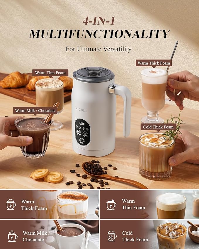 Milk Frother and Steamer 4 in 1, Milk Steamer with Auto Temperature Control, Warm & Cold Foam Maker, Hot Chocolate Maker, Frother for Coffee, Latte, Cappuccino, White