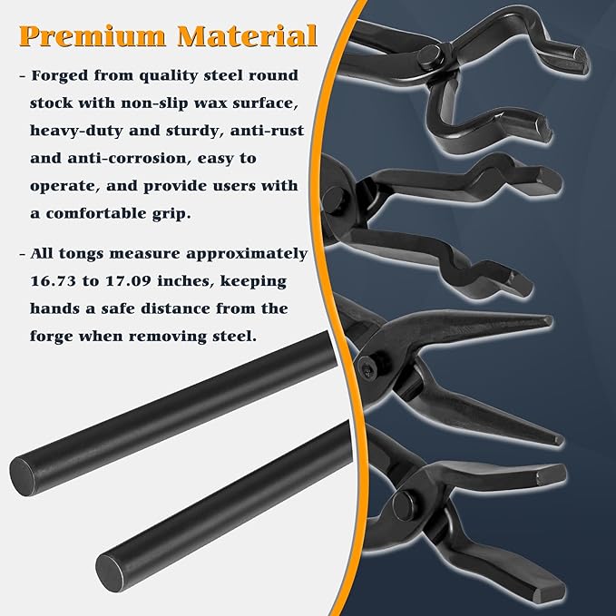 Blacksmith Knife Making Tongs Set - 3/8" 1/2" 5/8" V-Bit, 1/4 Flat Jaw, Pick Up, Scroll - Assembled Blacksmithing Bladesmith Steel Forge Tongs (6PCS)