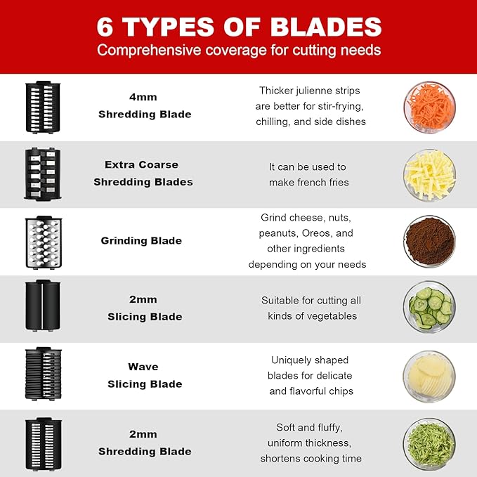 YOTAN Electric Cheese Grater, Electric Slicer Shredder with 6 Blades, 250W Salad Shooter, Enlarged Inlet and Dispenser, Automatic Vegetable Slicer for Cheeses, Fruits, Vegetables