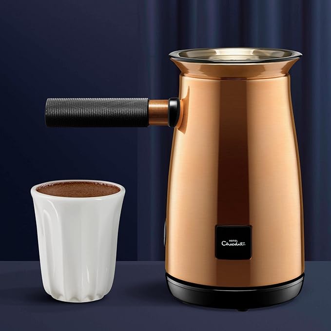Hotel Chocolat Velvetiser - In-Home Hot Chocolate Machine - Barista-Grade Hot Chocolate Maker - Copper Edition - 2 Ceramic Podcups & 10 Single-Serve Sachets