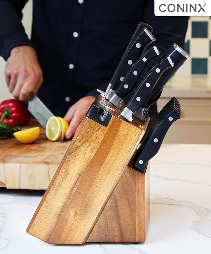Coninx Universal Knife Block with Built-In Sharpener – 15-Slot Acacia Wood Knife Organizer Stand for Kitchen Counter – Non-Slip Holder Fits Chef, Bread, Steak Knives & Scissors