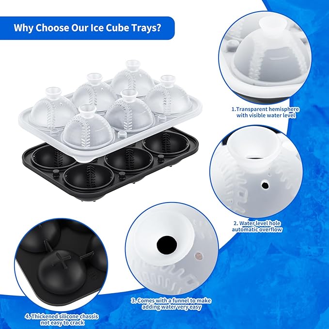 6 Chamber 2.2" 3D Baseball Gifts Ice Cube Tray With Funnel,Large Round Ice Ball Maker Mold Silicone Fun Shapes Bourbon Sphere Ice Molds,For Chilling Whiskey,Cocktails,Bourbon,Brandy and Beverages