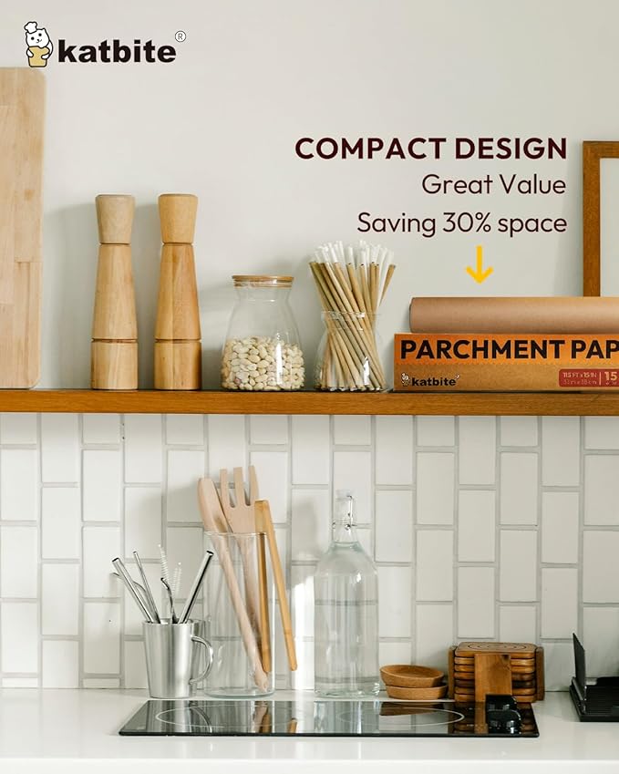 Katbite Parchment Paper Roll 15in x 115ft, Unbleached Pachment Baking Paper Roll 145 Sq.Ft, Non-Stick and Extra Longer Parchment Paper with Portable Serrated Cutter for Baking,Cooking,Space-saving