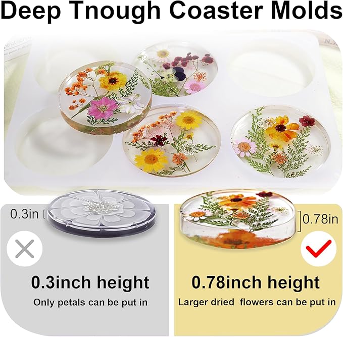 Deep Round Resin Coaster Molds, 6 Cavity Thicken Round Silicone Coaster Molds for Epoxy Resin, DIY Crafts, Bouquet Preservation,Home Decoration