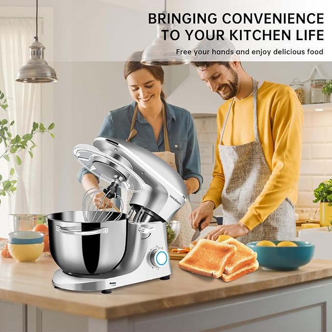 Seedeem 6.5QT Stand Mixer, 660W Tilt-Head Kitchen Electric Mixer with 6 Speeds, Dough Hook, Beater & Whisk, Dishwasher Safe Attachments, Silver