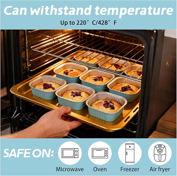 200 Pack 10 oz Square Mini Cake Pans with Lids, Mini Loaf Pans with Lids, Aluminum Foil Square Brownie Baking Cups for Ramekins Muffin Cupcake Wedding Birthday Party (Blue)