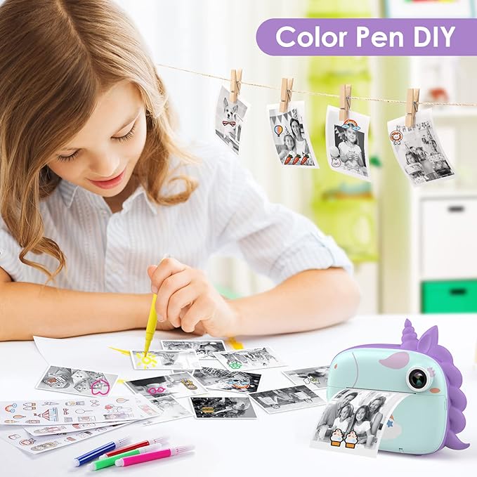 Kids Camera Instant Print, Selfie Digital Camara for Kids with Print Paper & 32G Card, 2.5K Video & Instant Print Camera with Color Pens for DIY, Fun Gift for Girls Boys 3-12 Years Old (Green)