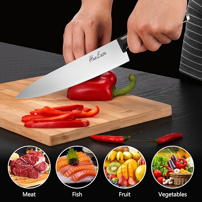 Knife Set,6-Piece Kitchen Knife for Home Use, Sharp Knife Set with Natural Acacia Wood Knife Block, Germen Steel Wood Handle Kitchen Knife Block Set, Ergonomical Design ((Ink-black))