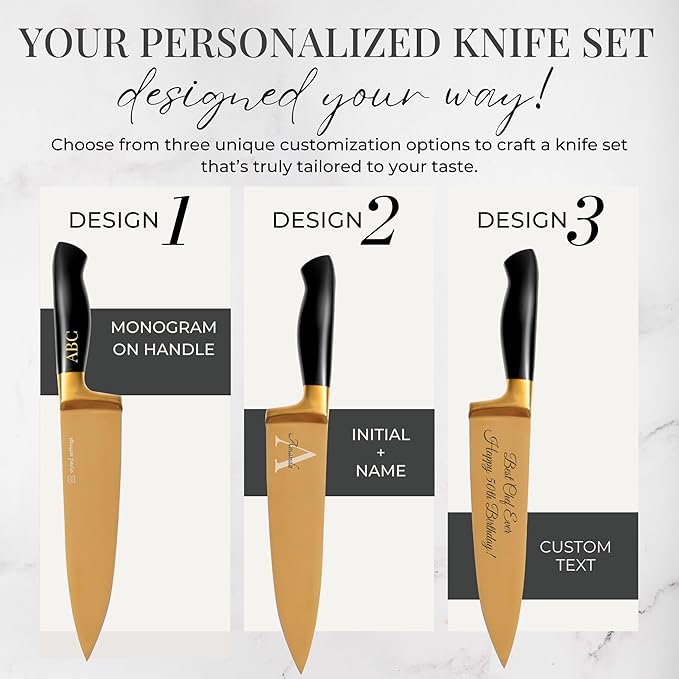 Personalized Black and Gold Knife Set with Block and Sharpener – 14-Piece Custom Engraved Titanium-Coated Gold Knives – Full Tang, Stainless Steel, Ergonomic, Gift-Ready