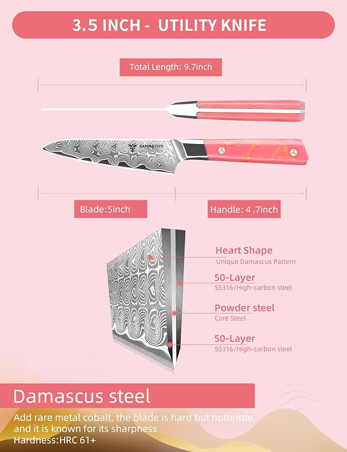 Kitchen Utility Knife 5 Inch, Professional Kitchen Chef Knife, Ultra Sharp Damascus Powder Steel with Full-tang Resin Handle, SHENG Series