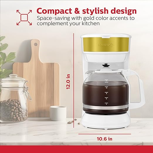 Holstein Housewares 12-Cup Coffee Maker, 61oz Drip Coffee Machine with Glass Carafe, Auto Pause & Serve, Compact Design – Ideal for Home, Office & Travel Coffee Brewing, White and Gold