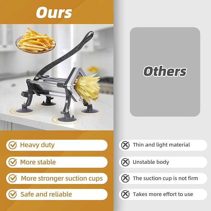 French Fry Cutter Commercial Grade Potato Slicer with Stand Suction Feet Complete Set, Includes 1/4", 3/8", 1/2", 2 Pieces L Stand