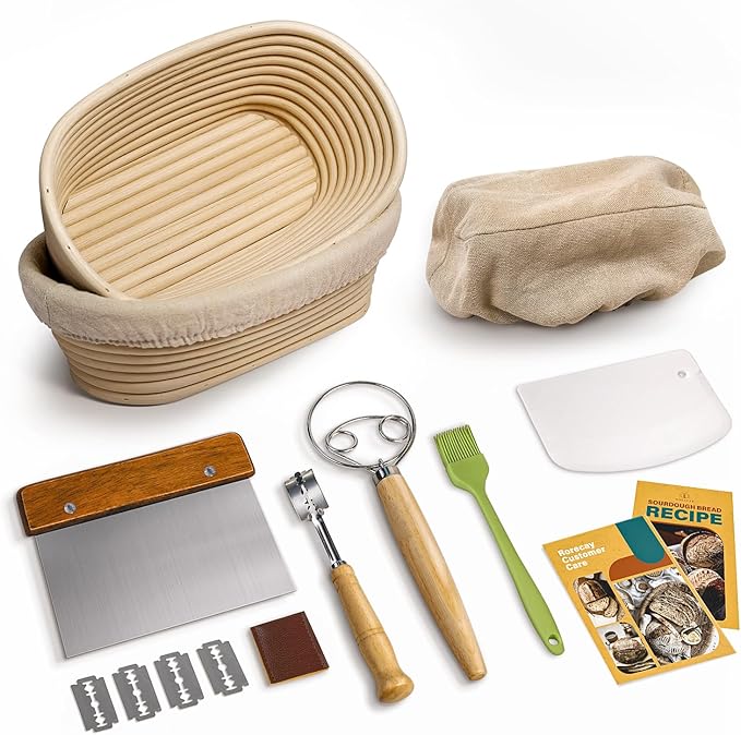 Rorecay Banneton Bread Proofing Baskets Set of 2, 10 Inch Oval Cane Sourdough Bread Rising Basket Bowls with Sourdough Bread Lame Dough Scraper Basting Brush for Sour Dough Proofing Fermentation