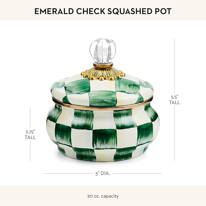 MACKENZIE-CHILDS Enamel Squashed Pot, Cute Enameled Container with Lid, 20 Ounces, Green-and-White Emerald Check