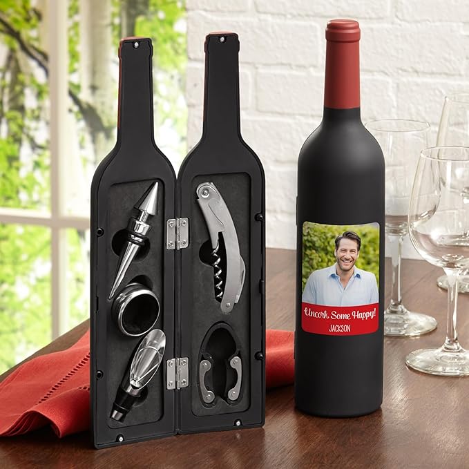 Let's Make Memories Personalized Photo 5-Piece Wine Tool Set - Wine Bottle Opener - Black