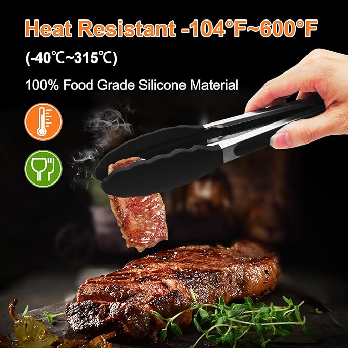 Premium Stainless Steel Heat Resistant Kitchen Tongs for cooking,set of 9" and 9" (Black),Non Scratch Silicone cooking Tong Tip for Cooking Pans,Strong Grip BBQ tongs for Grabbing Hot Food