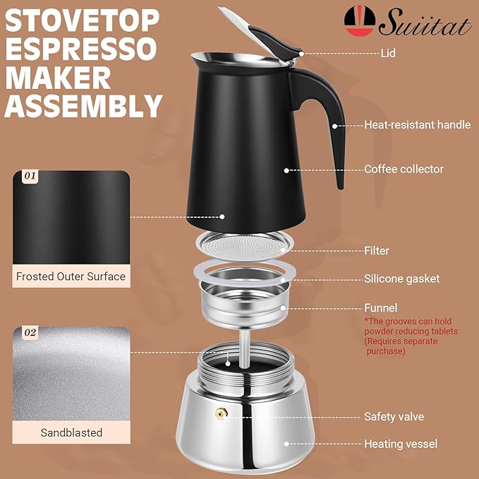 Moka Pot, 4 Cups (7.1 oz) Stovetop Espresso Maker, 304 Stainless Steel Moka Pot, Induction Compatible, Black
