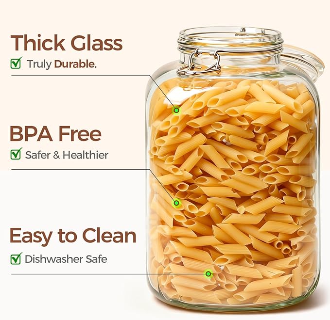 ComSaf Rice Container 152oz, Flour Sugar Storage Containers, Glass Jars with Airtight Lid, 1.17 Gallon Mason Jar, Large Storage Containers with Lids for Pickled Egg, Pasta, Cereal, Beans, Set of 2