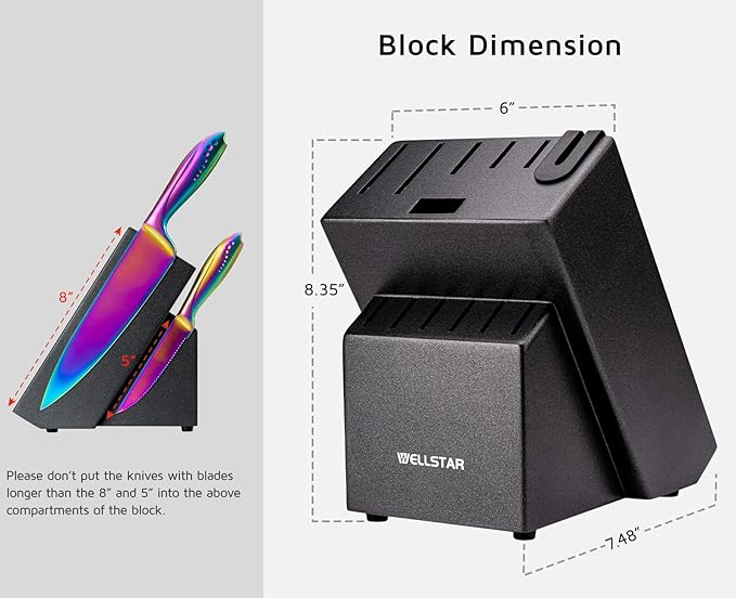 12 Slot Kitchen Knives Block, WELLSTAR Natural Wood Knife Holder without Knives – Hard Wood Countertop Knife Storage with Built-in Knife Sharpener - Black