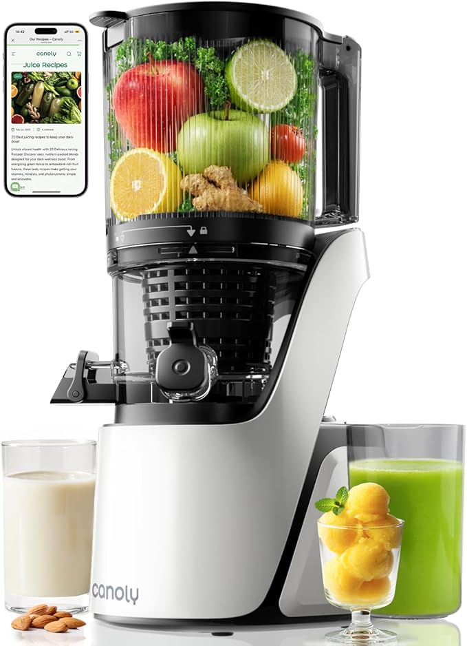 Canoly C16 Cold Press Juicer, 6" Extra Wide Feed Chute, 3-IN-1 Strainers (Juice & Sorbet & Nut Milk), Powerful AC Brushless Motor, Self Precut System, Juicer Machines with BPA-Free (Pearl White)