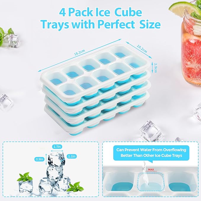 DOQAUS Ice Cube Trays 4 Pack, 40 pcs Silicone Ice Cubes Tray Maker with Spill-Resistant Removable Lid, Easy Release & Pop out, LFGB and BPA Free, Stackable Flexible, for Soup, Food, Cocktail, Coffee