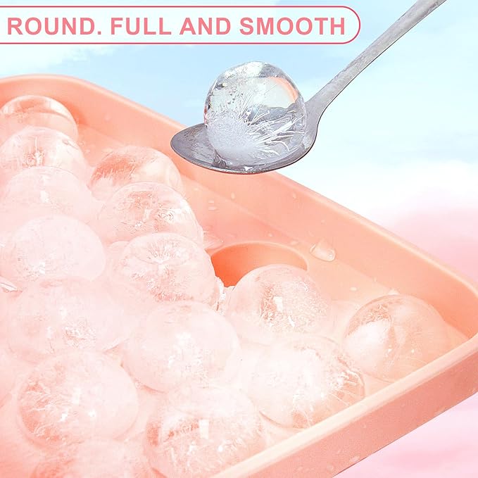 2 PCS Round Ice Cube Mold with Lid for Freezer Stackable Round 25-Ball Silicone Ice Ball Mold Easy to Release, Small Ice BPA-Free Trays for Freezer for Whiskey, Cocktail, Chilling (Pink)