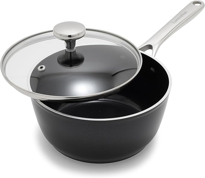 Orfeo 2.4QT Nonstick Saucepan with Lid, Made in Italy, Diamond Ceramic PFAS-Free Cookware, Induction Ready, Scratch Resistant, Laser-Fused Surface for Durability, Dishwasher Safe, Black