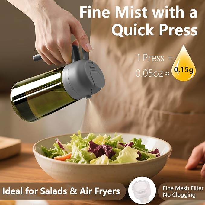 2PCS Olive Oil Dispenser and Oil Sprayer – 16oz/470ml Glass Light-Proof Oil Pourer for Kitchen, Air Fryer, Cooking, Salad, and BBQ
