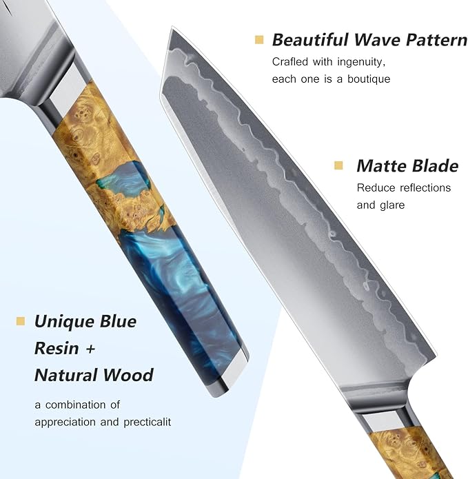 FINTISO Chef Knife 8 inch Kitchen Knife in S35VN Powder Steel Core Japanese Chef Knife, 7-Layers Clad Steel Cooking Knife Super Sharp Knife for Kitchen with Celestial Resin & Wood Handle Gift Box