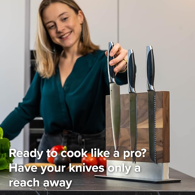 Coninx Magnetic Knife Holder with display stand, Double Sided Strong Magnetic Knife block for Kitchen counter top, Universal empty storage Organizer Block (Walnut Wood)