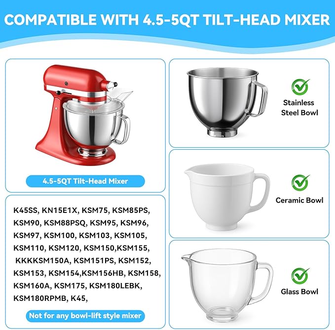 Pouring Shield for Kitchenaid Mixer, Kitchenaid Splash Guard for Tilt-Head Stand Mixers 4.5-5 Quart, Kitchenaid Pouring Shield Fits for Kitchenaid Stainless Steel, Glass, Ceramic Bowls