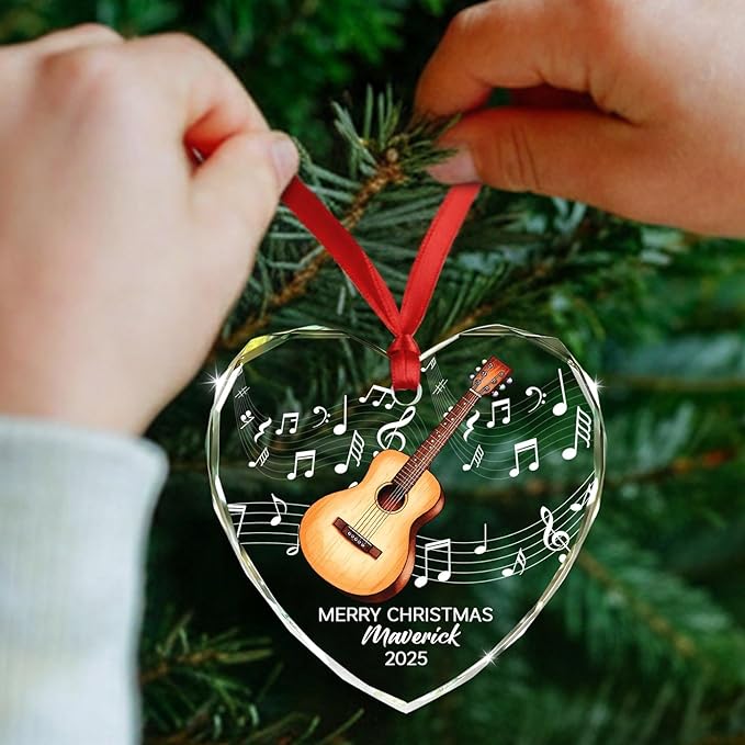 Personalized Guitar Glass Christmas Ornament 2025, Customized Text Year Name Keepsake Ornaments Gift for Guitarist Brother Sister Dad Mom Kids, Unique Guitar Musical Instrument Glass Xmas Ornament