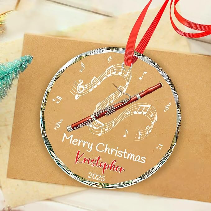 Bassoon Playing Xmas Tree Glass Ornaments, Personalized Bassoonist Ornament Christmas 2025, Bassoon Christmas Ornament Gift for Instrument Player, Custom Text & Name Musical Instrument Glass Keepsake