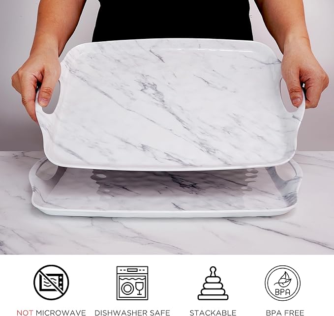 TP Serving Trays with Handles, 17 x 12 Inch Melamine Serving Platters for Food, Meat, Set of 2 Rectangular Trays for Eating, White Marble