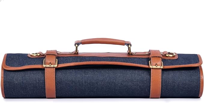 Leather Knife Roll Storage Bag, Elastic and Expandable 10 Pockets, Adjustable/Detachable Shoulder Strap, Travel-Friendly Chef Knife Case (Currant, Canvas)
