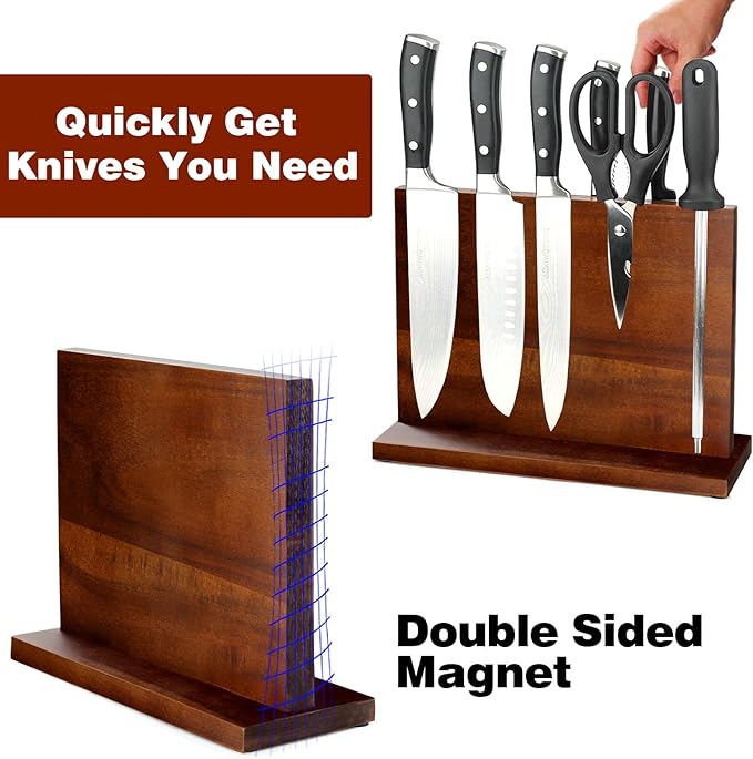 Magnetic Knife Block Double Sided Magnetic Knife Holder Rack with Strong Enhanced Magnets Acacia Wood Magnetic Knife Storage Stand (Acacia Wood)