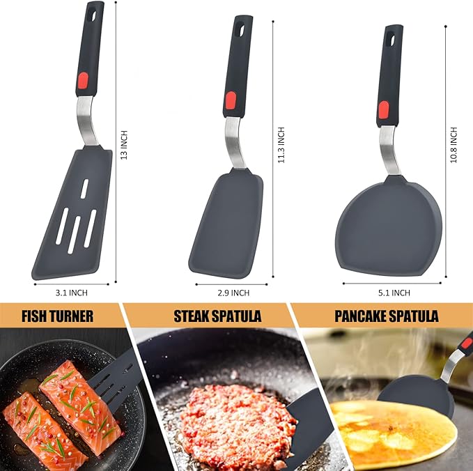 Silicone Spatula Turner Set of 3, Beijiyi 600°F Heat Resistant Cooking Spatulas for Nonstick Cookware, Large Flexible Kitchen Utensils BPA Free Rubber Spatula Set for Egg, Pancake, Fish, Burger