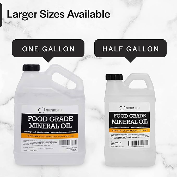 Thirteen Chefs Mineral Oil - 12oz Food Grade Conditioner for Wood Cutting Board, Countertop & Butcher Block, Lubricant for Knife or Meat Grinder - Safe USP Finish on Marble, Soapstone