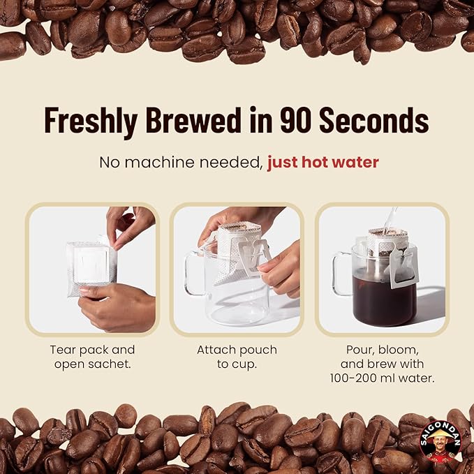 Pour Over Vietnamese Coffee – Saigondan Adventure | Espresso Robusta | 100% Robusta | Instant Specialty Coffee | Small Batch Roasted | Direct Trade | Naturally Sweet | 18 Sachets