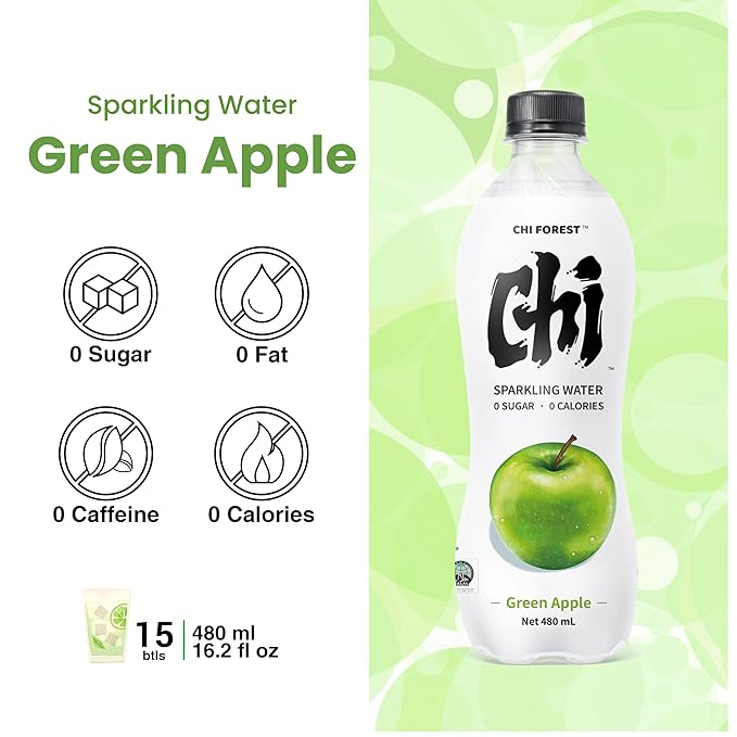 CHI FOREST Flavored Sparkling Water Beverage, Green Apple, Zero Sugar, 16.2 fl oz Bottles (pack of 15)