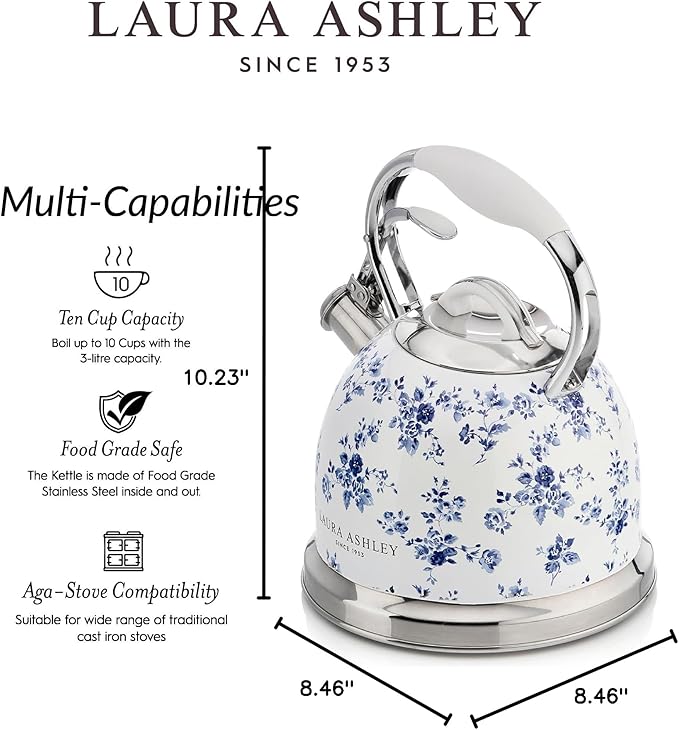 VQ Laura Ashley China Rose 2.5L Stainless Steel Tea Kettle Stovetop Whistling Teapot for Induction, Gas Hob or others. Silicon Coated Cool Handle & Push Button Mechanism Vintage Stove Top Kettle