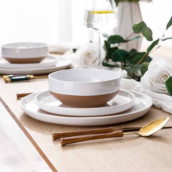 AmorArc Ceramic Dinnerware Sets for 4, 12 Pieces Handpainted Plates and Bowls Set with Rustic Terracotta Underside, Scratch Resistant Stoneware Dishes Set, Dishwasher & Microwave Safe, White